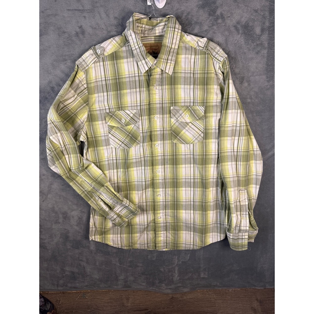 Red Camel Mens Large Green Plaid Long Sleeve Button Down Utility Shirt Epaulets